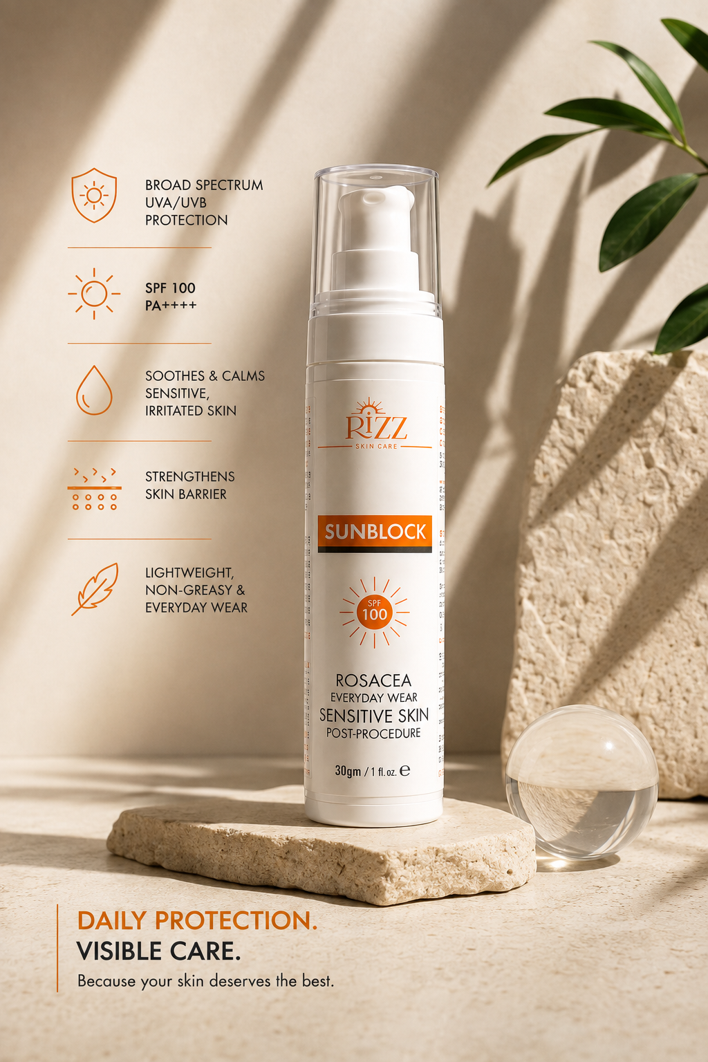Rizz SPF 100 Sunblock for Sensitive Skin – 30ml